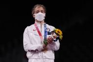 Women's Freestyle 57kg bronze medalist Helen Louise Maroulis poses with her medal on day thirteen of the Tokyo 2020 Olympic Games at Makuhari Messe Hall on August 05, 2021, in Chiba, Japan. (Photo by Maddie Meyer/Getty Images)